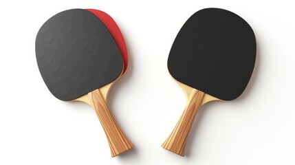 Realistic 3D vector illustration of ping pong paddles, also known as table tennis rackets, featuring top and bottom views. Equipment items come with wooden handles and rubber red and black bat surface