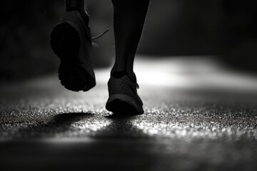 In the quiet of the night, a determined man jogs down an empty road, the motion of his stride focused and steady., walking on the road