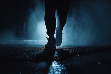 The shadow of a fitness enthusiast is cast on the pavement as he continues his nightly training routine, silhouette of a running  person in the night
