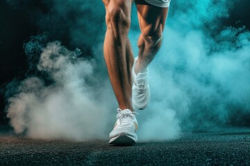 A lone runner's sneakers pound the tarmac, his silhouette backlit by a faint glow on a dark urban street, person running on the street