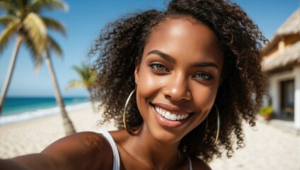 Close-up selfie of a radiant black woman with curly hair and hoop earrings, showcasing a perfect smile on a tropical beach.
