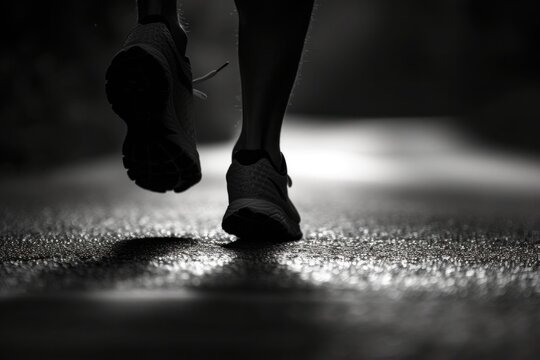 In the quiet of the night, a determined man jogs down an empty road, the motion of his stride focused and steady., walking on the road