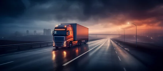 Foto op Plexiglas loaded european truck on a highway at night - truck cargo transportation concept © juancajuarez