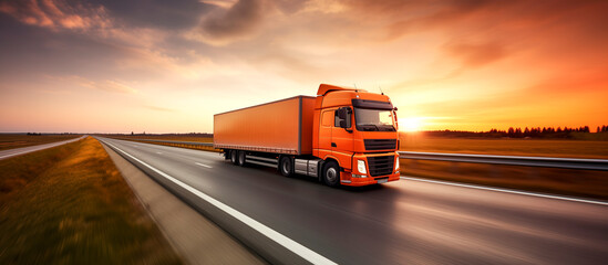 loaded european truck on a highway at sunset - truck cargo transportation concept - obrazy, fototapety, plakaty
