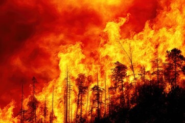Fototapeta na wymiar Forest fire, clouds of fire, burning trees.