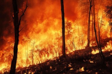 Forest fire, clouds of fire, burning trees.