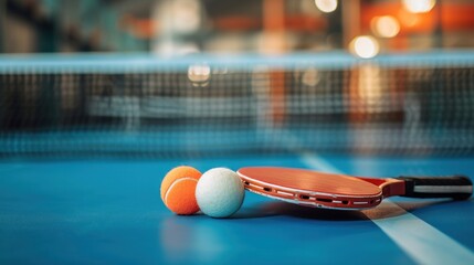 In an indoor sport activity scene, rackets and a ball rest on a blue tennis table, encapsulating the essence of the sport