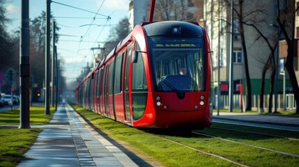 In the heart of Katowice, Poland, a sleek red modern tram glides along the city's streets, showcasing its efficient urban transportation system