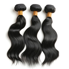 Three black wavy straight hair bundles with a tie on a white background