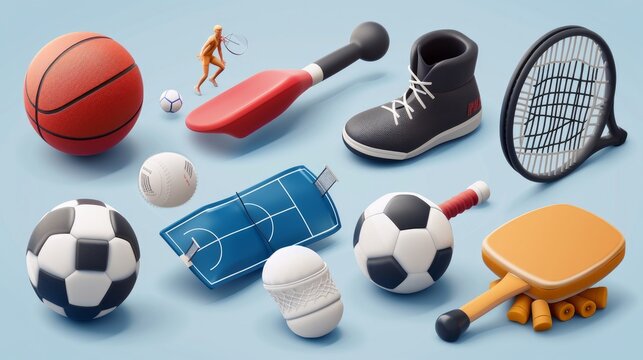 A 3D vector icon set representing various sports equipment, including a basketball backboard, soccer shoes, boxing gloves, American football, table tennis racket, badminton, tennis, and baseball © Orxan