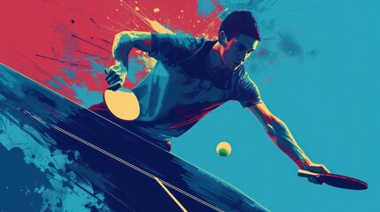 A vector illustration of a stylized table tennis player, representing the athlete in action during a game of ping pong or table tennis - obrazy, fototapety, plakaty