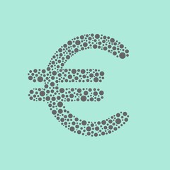 Euro sign made of small gray triangles on light blue-green background