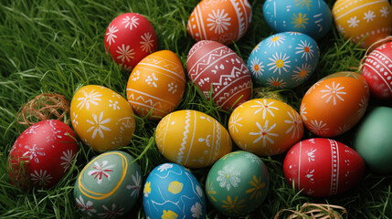 Fototapeta na wymiar Colorful hand painted Easter eggs hidden in the grass