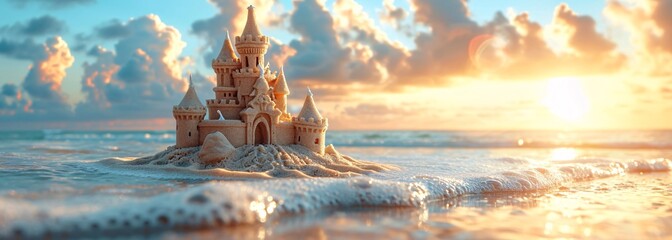 As the sky transforms into a canvas of vibrant colors during sunset, a majestic sand castle stands tall on the beach, a symbol of imagination and wonder in the ever-changing landscape of the outdoors - obrazy, fototapety, plakaty
