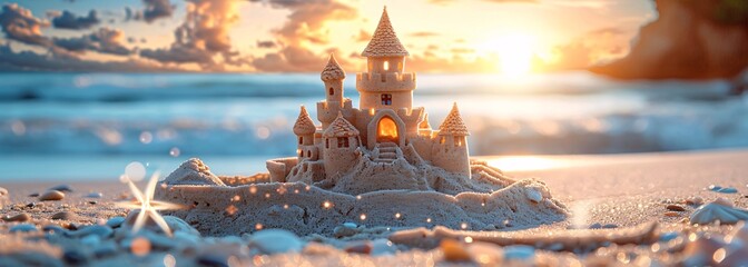 As the sun rises over the winter beach, a sand castle stands tall against the sky, with clouds reflected in the glistening water below