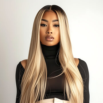 A beautiful black woman with blonde hair extensions. Afro American girl. Beauty skin female face. Hair Salon, Straight Hair. Salon Photography.
