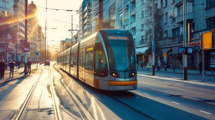 In the city center, a tram traverses the urban landscape, symbolizing efficient public transportation against a backdrop of modern buildings. The sunny day enhances the vibrancy of the town - obrazy, fototapety, plakaty
