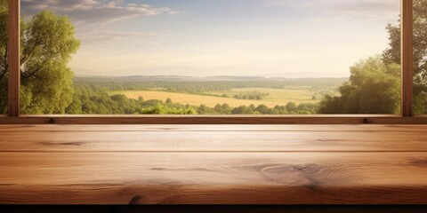 Obraz premium Wooden table with window backdrop for showcasing products.