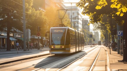In the city center, a tram traverses the urban landscape, symbolizing efficient public transportation against a backdrop of modern buildings. The sunny day enhances the vibrancy of the town