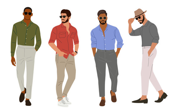 Set of stylish young men wearing summer street fashion outfit. Handsome Business men characters in smart casual office clothes. Vector realistic people illustrations isolated on transparent background