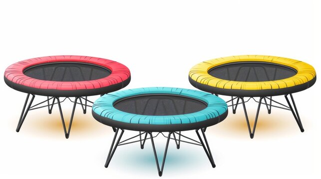 Icon depicting trampolines suitable for both children and adults, designed for indoor or outdoor fun and fitness jumping, available in various colors