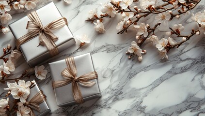A tranquil winter scene comes to life with delicate cherry blossoms adorning silver boxes, tied with glistening gold ribbons, resting gracefully on a polished marble surface