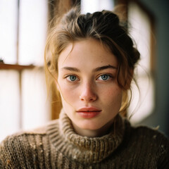 AI-Generated Art: Portrait of a Beautiful Melancholic Young Woman with Blue Eyes