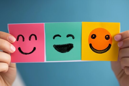 Happy customer sticky note cards smiling emojis positive feedback. Stickers paper note satisfaction. Smiley face icon positive psychology and mindset in customer reviews. Post it notepad communication