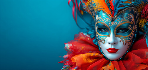 Mysterious Venetian mask with elaborate feathers and vibrant colors on a cool blue backdrop. Carnival in Italy in Venice. Background with empty space for text.