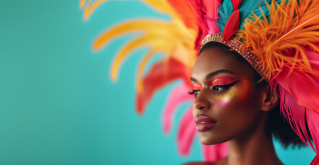 Close-up of a woman with colorful feather headdress and vibrant makeup on teal background. Stylish fashionable lady at the carnival holiday - obrazy, fototapety, plakaty