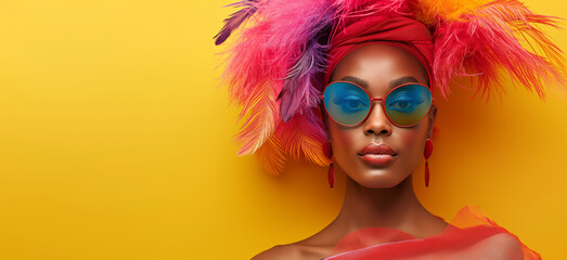 Elegant woman with a vibrant feather headband and chic sunglasses on yellow, Stylish fashionable lady at the carnival holiday