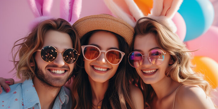 Joyful friends with bunny ears celebrating Easter against a backdrop of colorful balloons