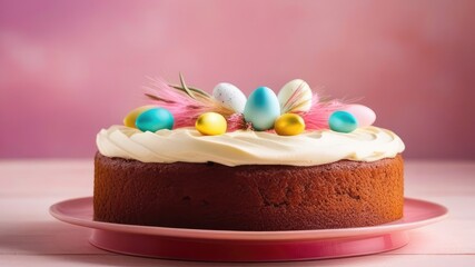 Easter cake with white icing and eggs in a cozy atmosphere.Easter concept
