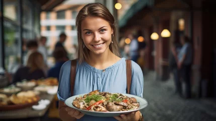 Zelfklevend Fotobehang Beautiful woman with a model-like appearance trying traditional dishes in Stockholm. © Dennis