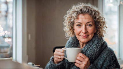 Senior woman, bundled up in a wool sweater, drinking a cup of hot coffee on a cold morning. AI Generated.