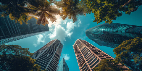 Worm's-eye view of skyscrapers towering over tropical palms against a clear blue sky, Bottom view of Singapore towers