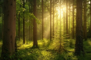 Enchanting forest scene captured at sunrise The morning light filtering through the trees Creating a peaceful and rejuvenating ambiance