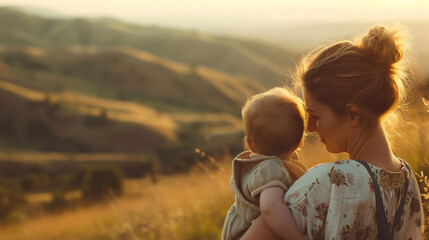 A mother with her baby. Beautiful mom hugs her newborn baby, hills in the background. Mother's Day concept.