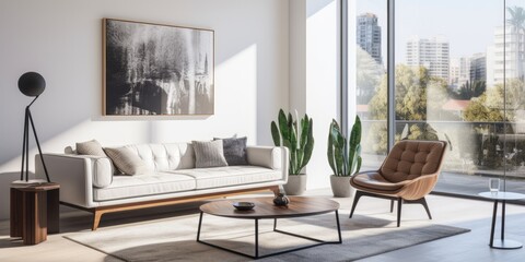 Fototapeta premium Contemporary apartment with white living room, featuring leather sofa, chair, and coffee table near window.