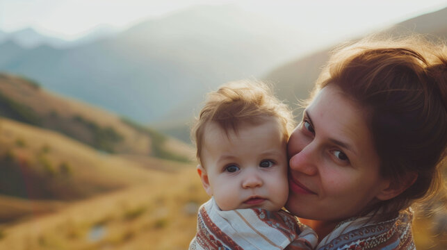 A mother with her baby. Beautiful mom hugs her newborn baby, hills in the background. Mother's Day concept.