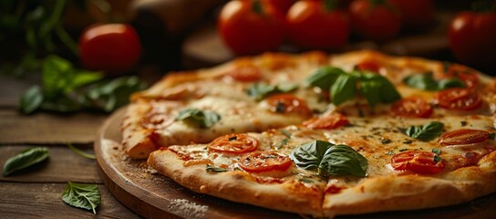 Indulge in a mouthwatering slice of californian-style pizza, adorned with fresh tomatoes and fragrant basil, served on a rustic wooden board for the perfect italian food experience - Powered by Adobe