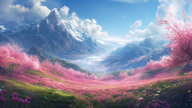 beautiful view of spring landscape with amazing pink colored tree leaves, fantasy spring landscape. seamless looping 4k time-lapse animation video background