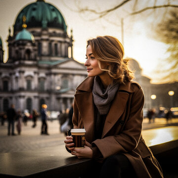 AI-Generated Image: Woman Enjoying Coffee near Berlin Cathedral