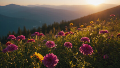 Serene landscape with flowers and mountains during golden hour