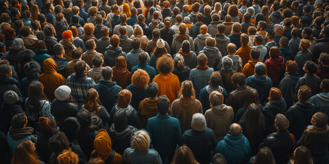 Fototapeta premium High angle view of a diverse crowd gathered, highlighted by sunlight
