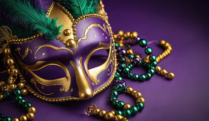 Mardi Gras carnival mask and beads on purple background