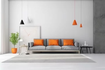Foto op Plexiglas Empty white wall in fashionable living room with grey and orange design. Generative AI © Danilo