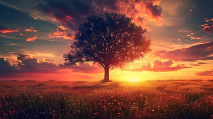 Foto op Plexiglas tree landscape with sunset in the background generative ai © Kelly