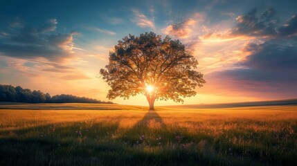Fototapeta na wymiar tree landscape with sunset in the background generative ai