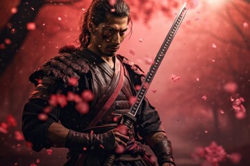 Warrior's Legacy: A Traditional Samurai Stands Tall in Armor, Focused with Sword, Against a Cherry Blossom Background. - obrazy, fototapety, plakaty